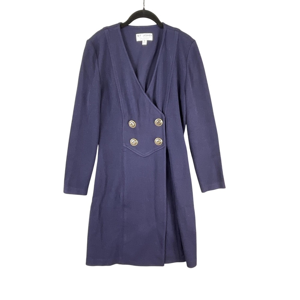 St John Wrap Dress Womens M‎ Blue Long Jacket Dress Collared Button Pockets USA